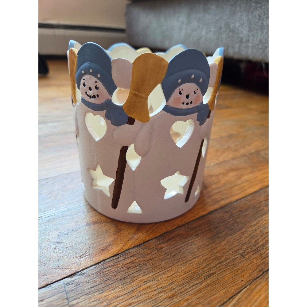 Hand painted ceramic candle holder snowmen christmas winter theme